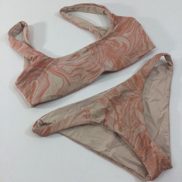 L*Space Lizzie Tie Dye Peach Pink Shimmer Camacho 2 Pc Bikini Top & Bottom Large - Picture 9 of 9